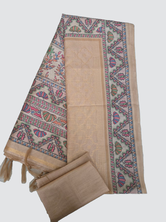 Semi Chanderi Saree in Sandal & Beige with Allover Zari Weaving and Madhubani Print Border – Handcrafted Traditional Saree for Bridal & Festive Occasions