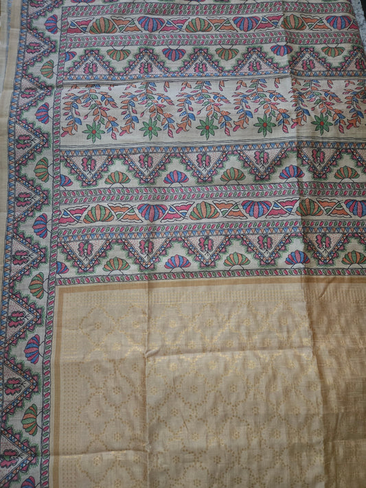 Semi Chanderi Saree in Sandal & Beige with Allover Zari Weaving and Madhubani Print Border – Handcrafted Traditional Saree for Bridal & Festive Occasions