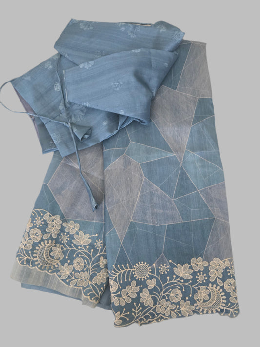 Soft Silk Semi Tussar fully stitched saree pastel blue with stitched blouse chikankari work border