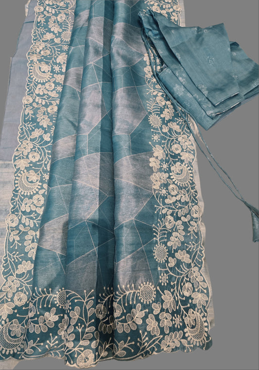 Soft Silk Semi Tussar fully stitched saree pastel blue with stitched blouse chikankari work border