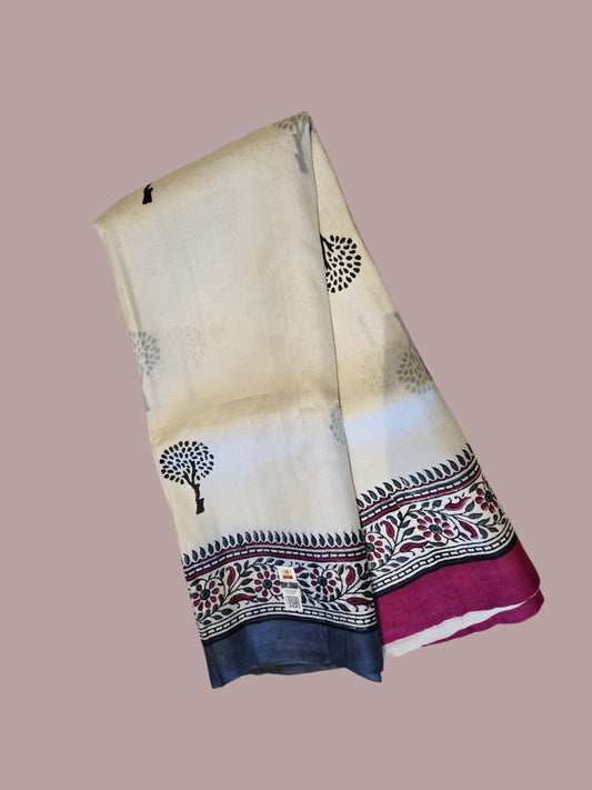 Pure Jari Tussar Handloom Silk Saree white