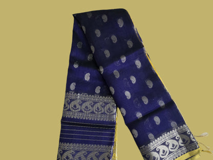 Pure Handloom Saree in Blue with Silver Zari and Yellow Contrast Border – Traditional Elegance