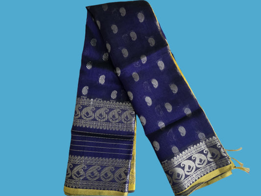 Pure Handloom Saree in Blue with Silver Zari and Yellow Contrast Border – Traditional Elegance