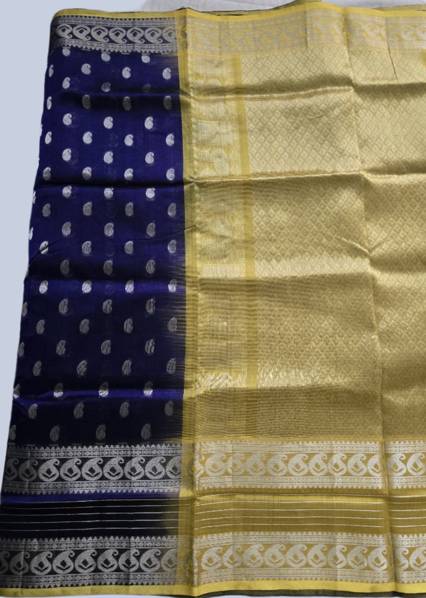 Pure Handloom Saree in Blue with Silver Zari and Yellow Contrast Border – Traditional Elegance