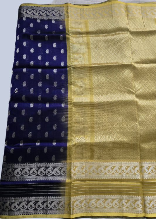 Pure Handloom Saree in Blue with Silver Zari and Yellow Contrast Border – Traditional Elegance