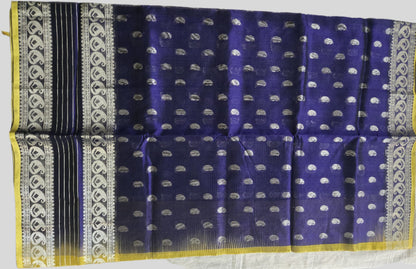 Pure Handloom Saree in Blue with Silver Zari and Yellow Contrast Border – Traditional Elegance