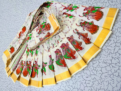 Buy Kerala Kasavu Sarees Online | Pure Cotton Sarees Buy from USA  – Pure cotton saree with blouse | Radha Krishna Print