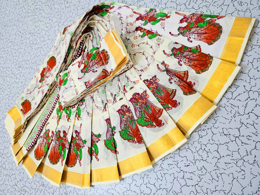 Buy Kerala Kasavu Sarees Online | Pure Cotton Sarees Buy from USA  – Pure cotton saree with blouse | Radha Krishna Print
