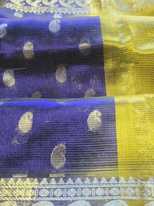 Pure Silk Handloom Saree with stitched blouse in Blue with Silver Zari and Yellow Contrast Border – Traditional Elegance