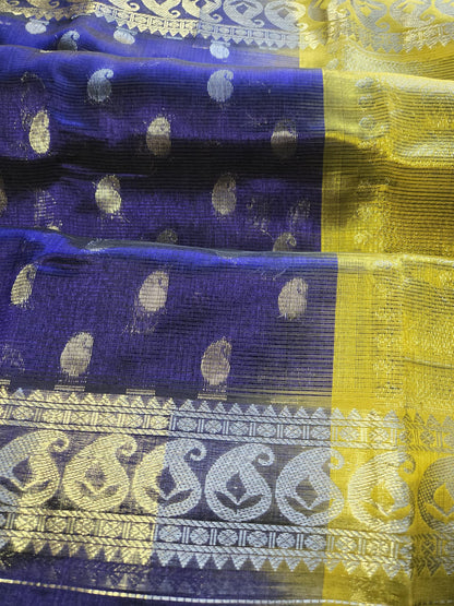Pure Silk Handloom Saree with stitched blouse in Blue with Silver Zari and Yellow Contrast Border – Traditional Elegance