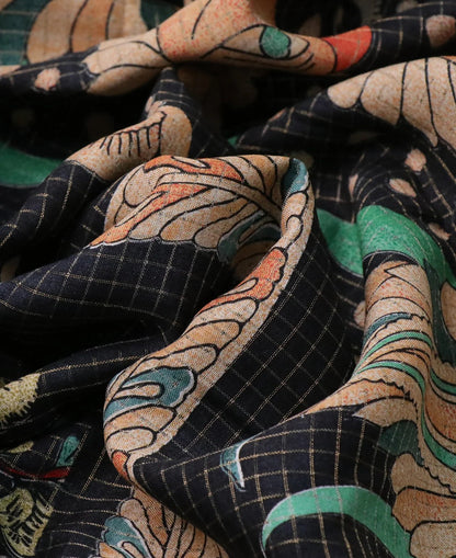 Semi Tussar Silk Saree with Allover Zari Checked Pattern, Kalamkari Prints & Zari Woven Border – Black