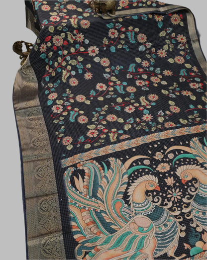 Semi Tussar Silk Saree with Allover Zari Checked Pattern, Kalamkari Prints & Zari Woven Border – Black