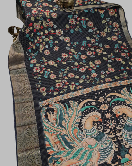 Semi Tussar Silk Saree with Allover Zari Checked Pattern, Kalamkari Prints & Zari Woven Border – Black