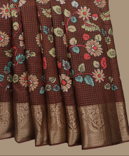 Semi Tussar Silk Saree with Zari Checked Pattern, Kalamkari Prints & Woven Zari Border –  Brown