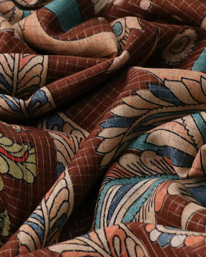 Semi Tussar Silk Saree with Zari Checked Pattern, Kalamkari Prints & Woven Zari Border –  Brown