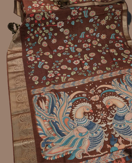 Semi Tussar Silk Saree with Zari Checked Pattern, Kalamkari Prints & Woven Zari Border –  Brown