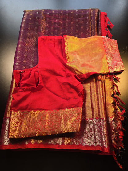 Pure Venkatagiri Handloom Silk Saree with Stitched Blouse Dual tone buy from USA in Dark Wine with Red Kasavu Border – Rich Traditional Attire for Festive Occasions