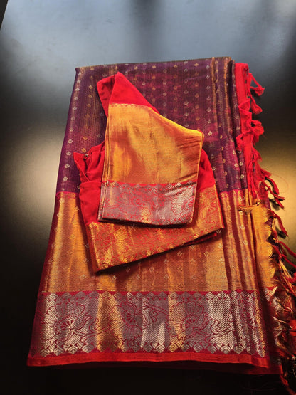 Pure Venkatagiri Handloom Silk Saree with Stitched Blouse Dual tone buy from USA in Dark Wine with Red Kasavu Border – Rich Traditional Attire for Festive Occasions