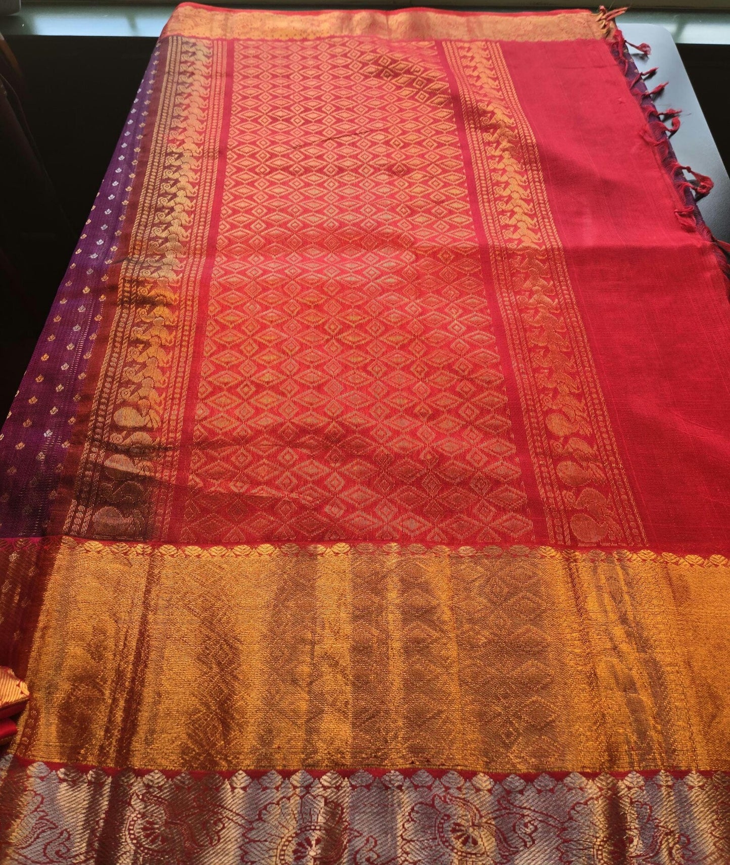 Pure Venkatagiri Handloom Silk Saree with Stitched Blouse Dual tone buy from USA in Dark Wine with Red Kasavu Border – Rich Traditional Attire for Festive Occasions