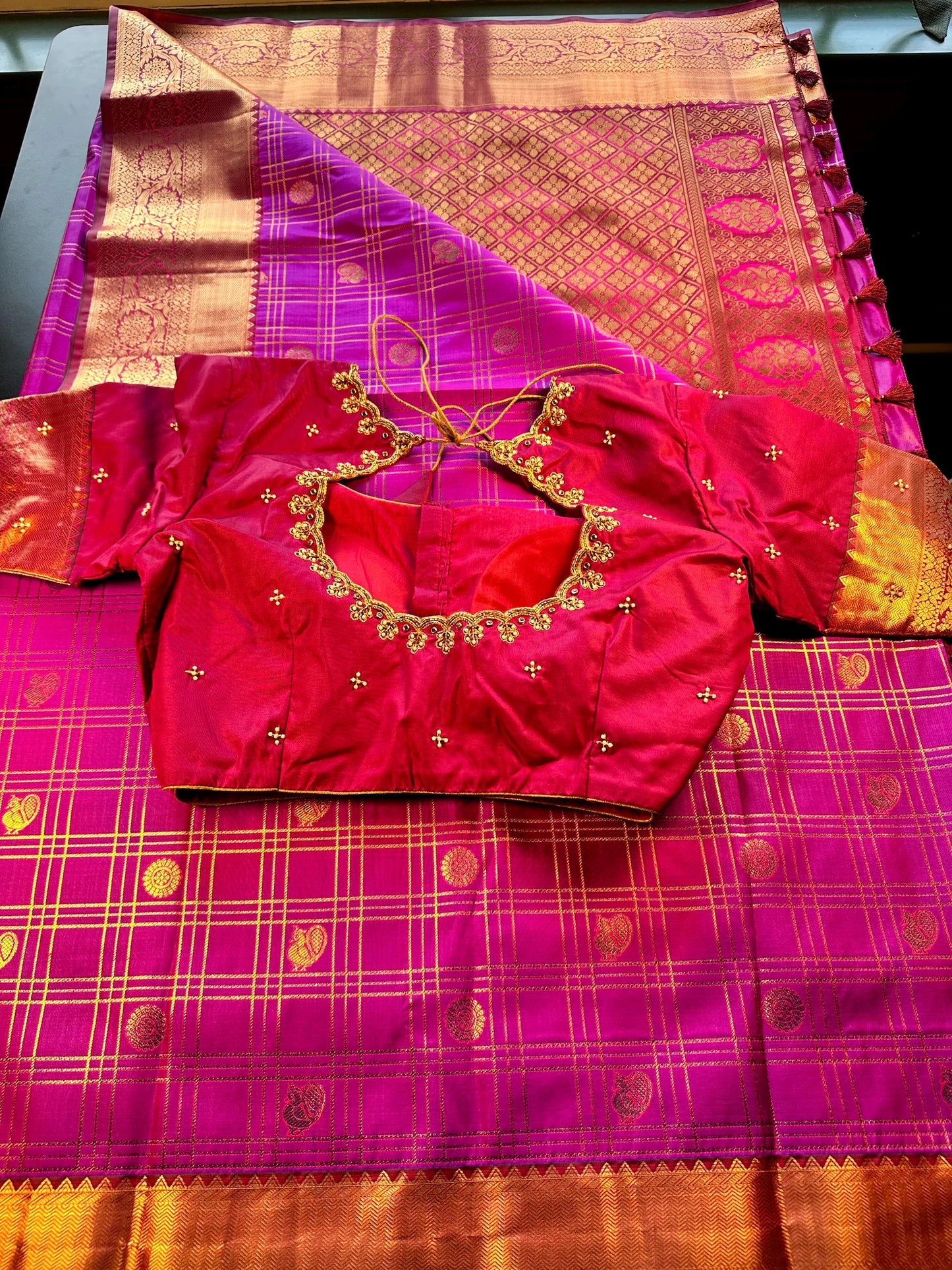 Kanjivaram Premium Silk Saree with Maggam Work Blouse,  Purple Color Ready-to-wear, Shipping from US, Partywear, Wedding Saree.
