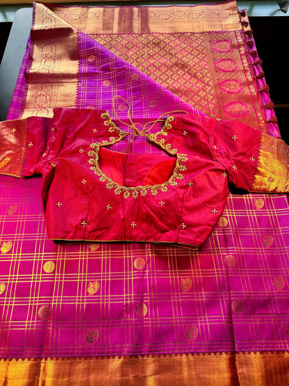 Kanjivaram Premium Silk Saree with Maggam Work Blouse,  Purple Color Ready-to-wear, Shipping from US, Partywear, Wedding Saree.