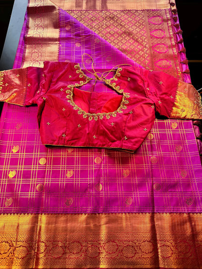 Kanjivaram Premium Silk Saree with Maggam Work Blouse,  Purple Color Ready-to-wear, Shipping from US, Partywear, Wedding Saree.