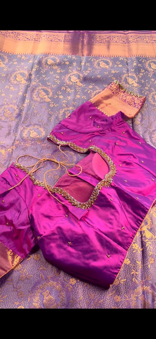 Kanchipuram Silk Saree + Stitched Maggam Work Blouse | Ready to wear Saree Blouse USA