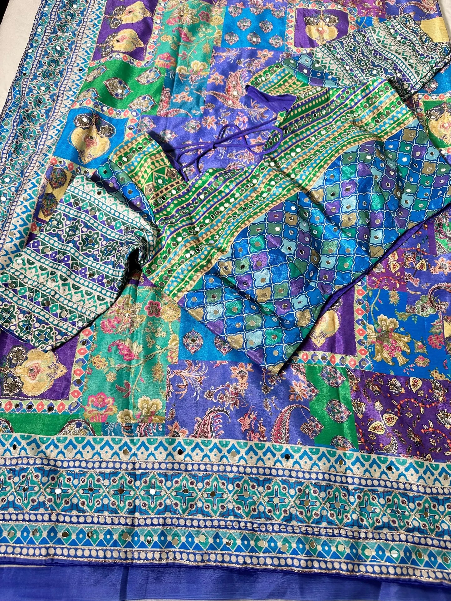 Mirror Work Chinon Silk Saree Blue Green | Ready to Wear Saree | Ships from USA|  Party Wear