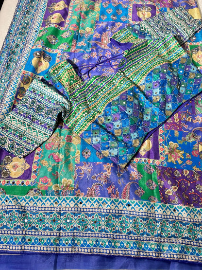 Mirror Work Chinon Silk Saree Blue Green | Ready to Wear Saree | Ships from USA|  Party Wear