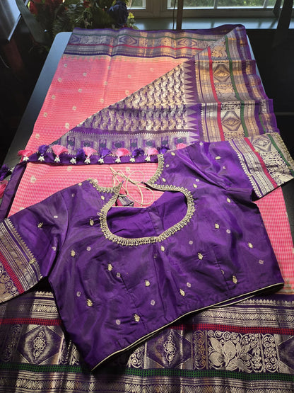 Handloom Pure Gadwal Pure Silk Saree with Designer Maggam Work Ready-to-Wear Blouse | USA Shipping