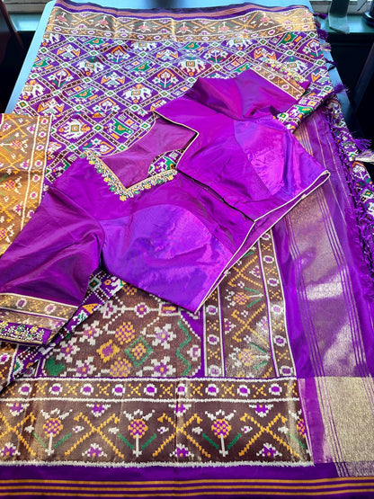 Patan Patola Soft Silk Weaving Saree Purple  | Authentic Handloom Indian Wedding Festive Wear with Stitched Blouse | Party Wear | Stitched Blouse (Copy)