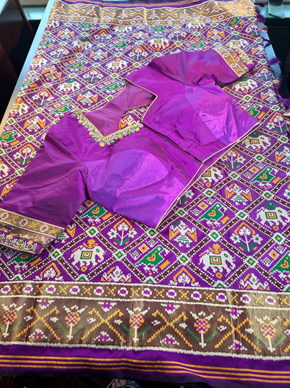Patan Patola Soft Silk Weaving Saree Purple  | Authentic Handloom Indian Wedding Festive Wear with Stitched Blouse | Party Wear | Stitched Blouse (Copy)