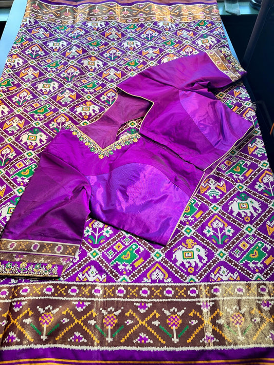 Patan Patola Soft Silk Weaving Saree Purple  | Authentic Handloom Indian Wedding Festive Wear with Stitched Blouse | Party Wear | Stitched Blouse (Copy)