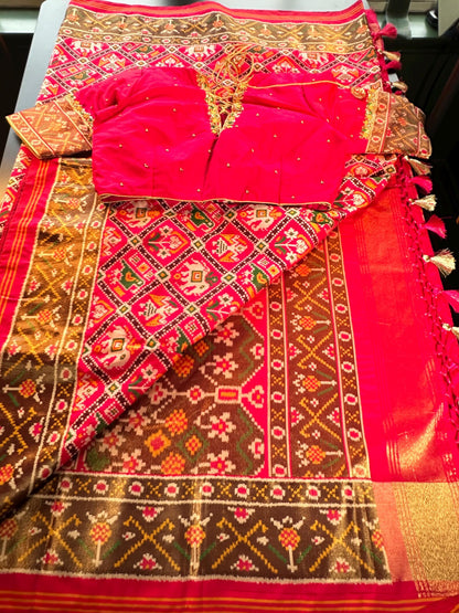 Patan Patola Soft Silk Weaving Saree Rani Pink | Authentic Handloom Indian Wedding Festive Wear with Stitched Blouse | Party Wear | Stitched Blouse