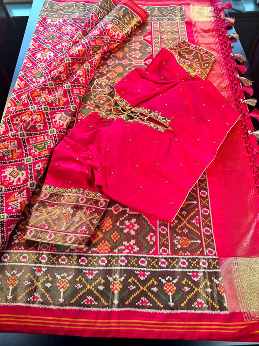 Patan Patola Soft Silk Weaving Saree Rani Pink | Authentic Handloom Indian Wedding Festive Wear with Stitched Blouse | Party Wear | Stitched Blouse
