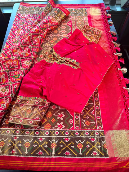 Patan Patola Soft Silk Weaving Saree Rani Pink | Authentic Handloom Indian Wedding Festive Wear with Stitched Blouse | Party Wear | Stitched Blouse