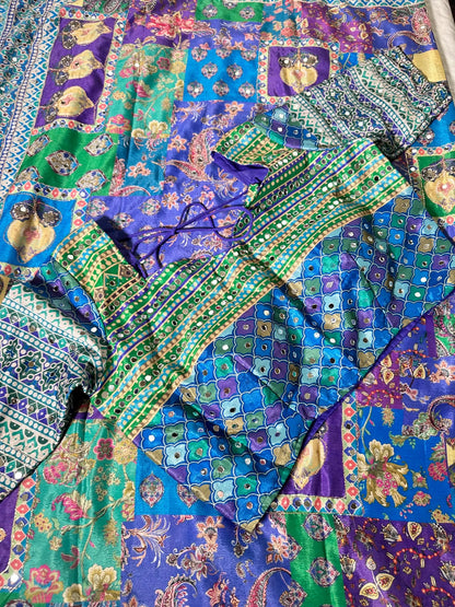 Mirror Work Chinon Silk Saree Blue Green | Ready to Wear Saree | Ships from USA|  Party Wear