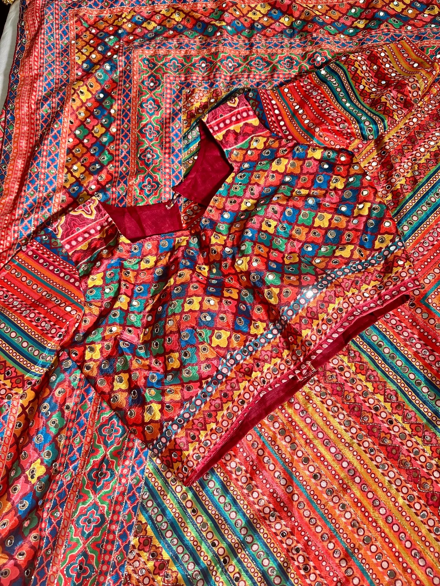 Mirror Work Saree Chinon Silk | Ready to Wear Saree | Ships from USA|  Party Wear Red