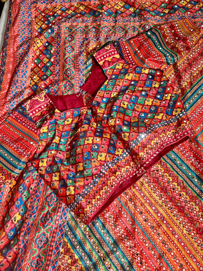 Mirror Work Saree Chinon Silk | Ready to Wear Saree | Ships from USA|  Party Wear Red
