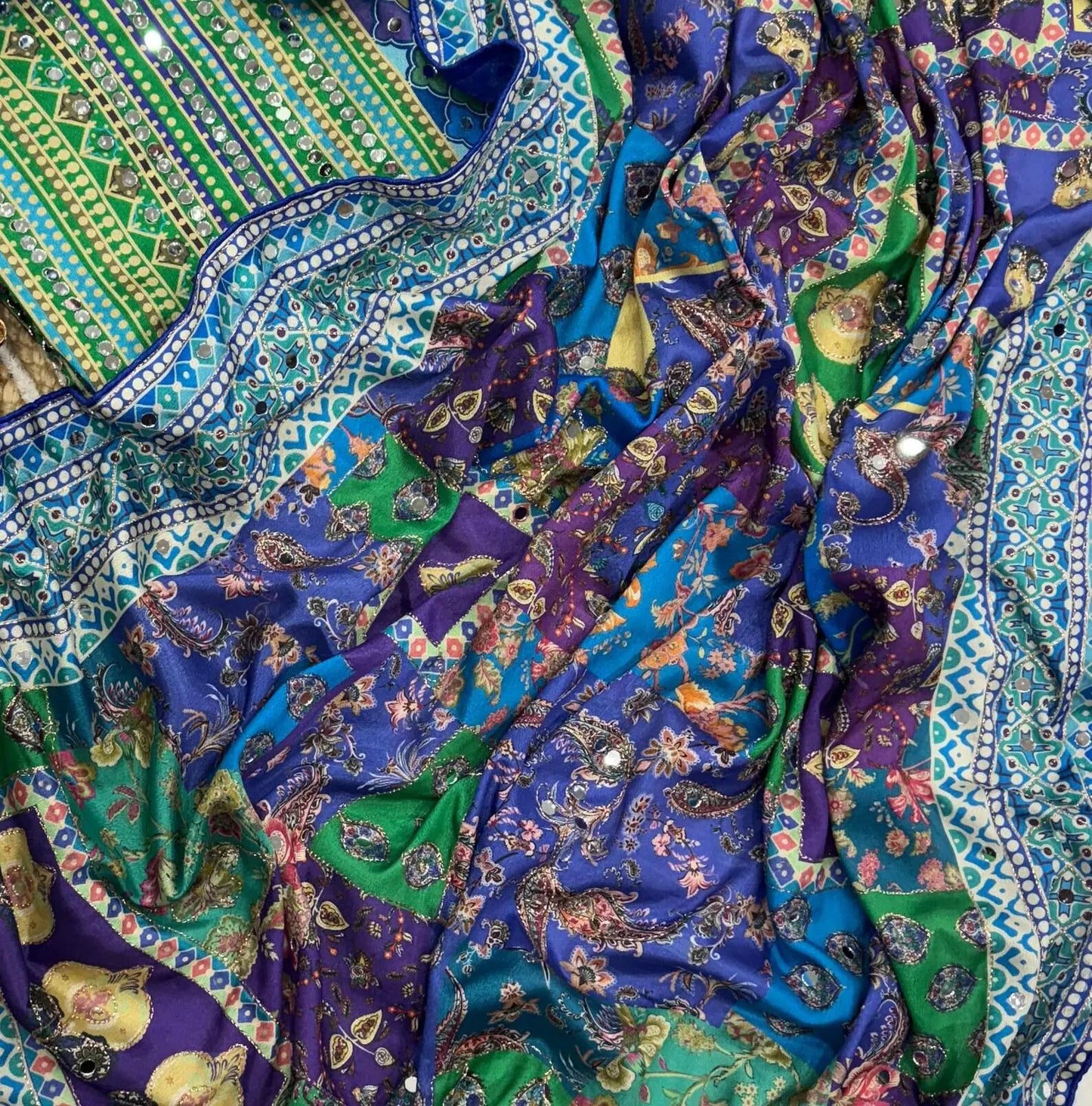 Mirror Work Chinon Silk Saree Blue Green | Ready to Wear Saree | Ships from USA|  Party Wear