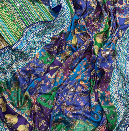 Mirror Work Chinon Silk Saree Blue Green | Ready to Wear Saree | Ships from USA|  Party Wear