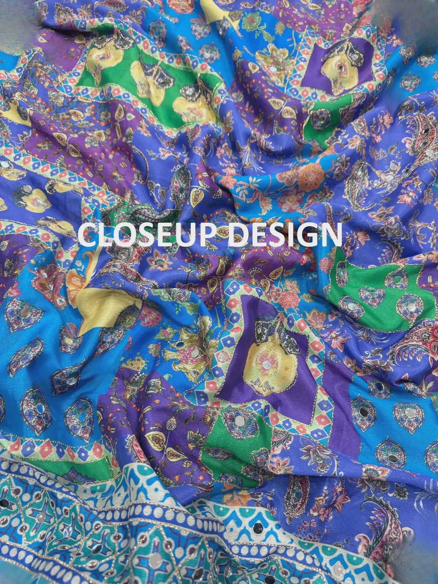 Mirror Work Chinon Silk Saree Blue Green | Ready to Wear Saree | Ships from USA|  Party Wear