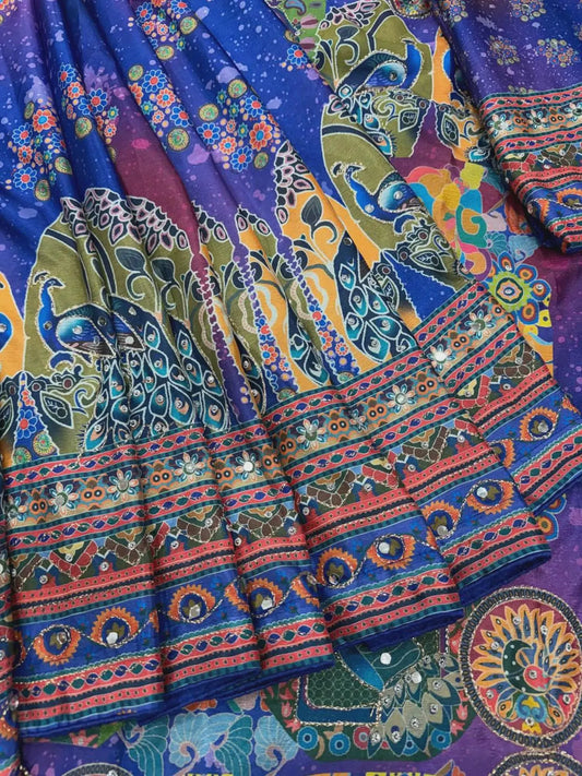 Mirror Work Chinon Silk Saree | Ready to Wear Saree | Ships from USA|  Party Wear Blue