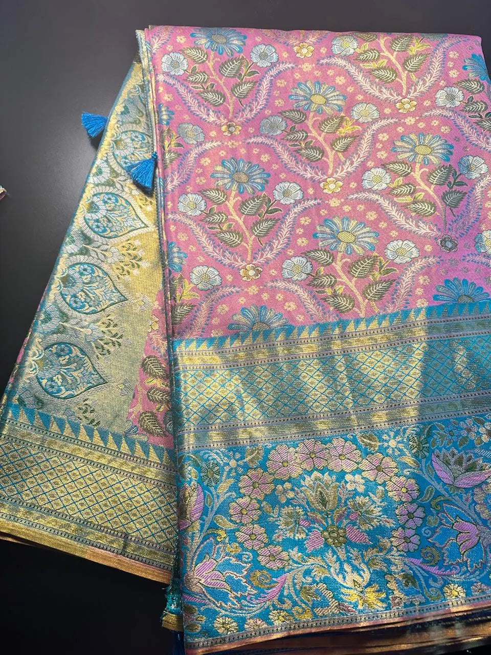 Traditional Kanchi Pattu Tissue Meenakari Semi Silk Saree | Pink Color, Zari weaving, Heavy Maggam Work Blouse, Shipping from USA (Copy)
