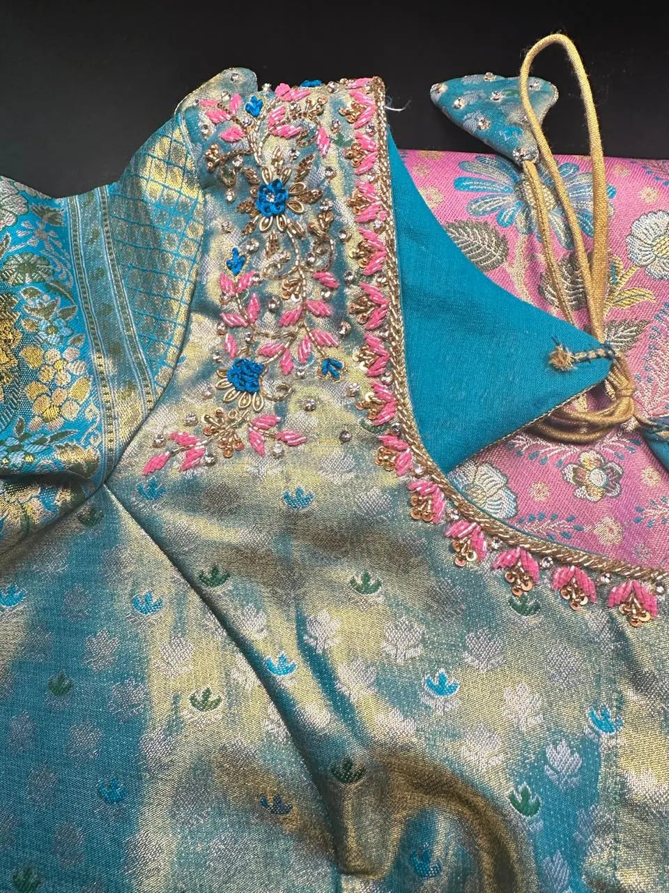 Traditional Kanchi Pattu Tissue Meenakari Semi Silk Saree | Pink Color, Zari weaving, Heavy Maggam Work Blouse, Shipping from USA (Copy)