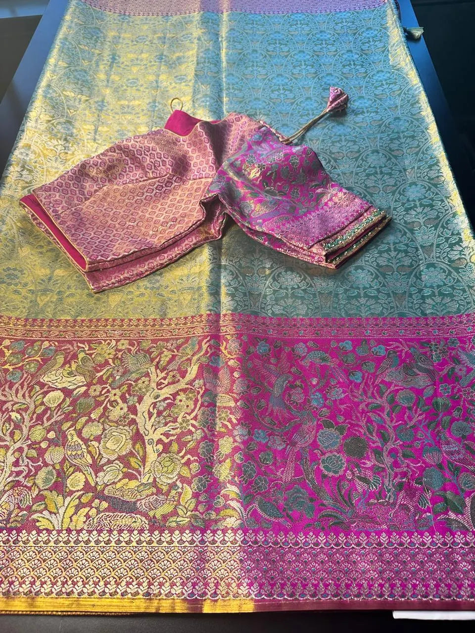 Traditional Kanchi Pattu Tissue Meenakari Semi Silk Saree | Green Color, Zari weaving, Heavy Maggam Work Blouse, Shipping from USA
