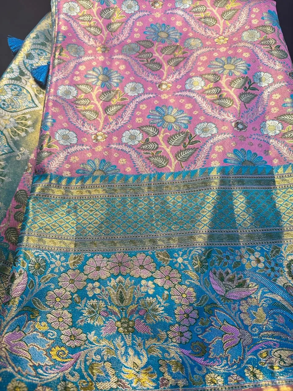 Traditional Kanchi Pattu Tissue Meenakari Semi Silk Saree | Pink Color, Zari weaving, Heavy Maggam Work Blouse, Shipping from USA (Copy)
