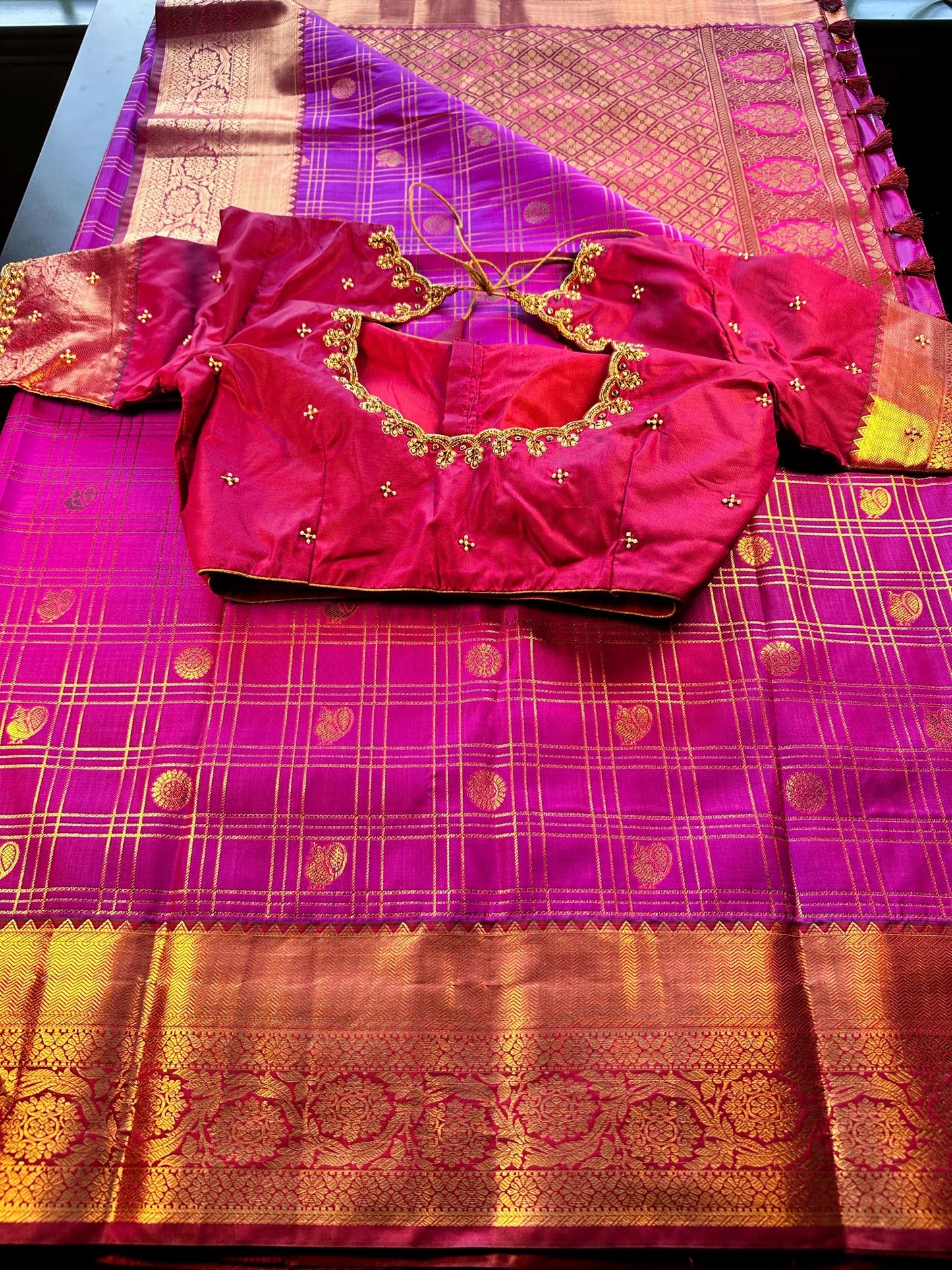 Kanjivaram Premium Silk Saree with Maggam Work Blouse,  Purple Color Ready-to-wear, Shipping from US, Partywear, Wedding Saree.