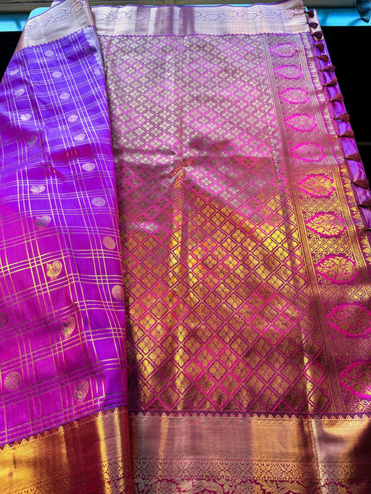 Kanjivaram Premium Silk Saree with Maggam Work Blouse,  Purple Color Ready-to-wear, Shipping from US, Partywear, Wedding Saree.