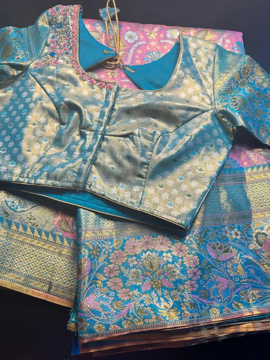 Traditional Kanchi Pattu Tissue Meenakari Semi Silk Saree | Pink Color, Zari weaving, Heavy Maggam Work Blouse, Shipping from USA (Copy)